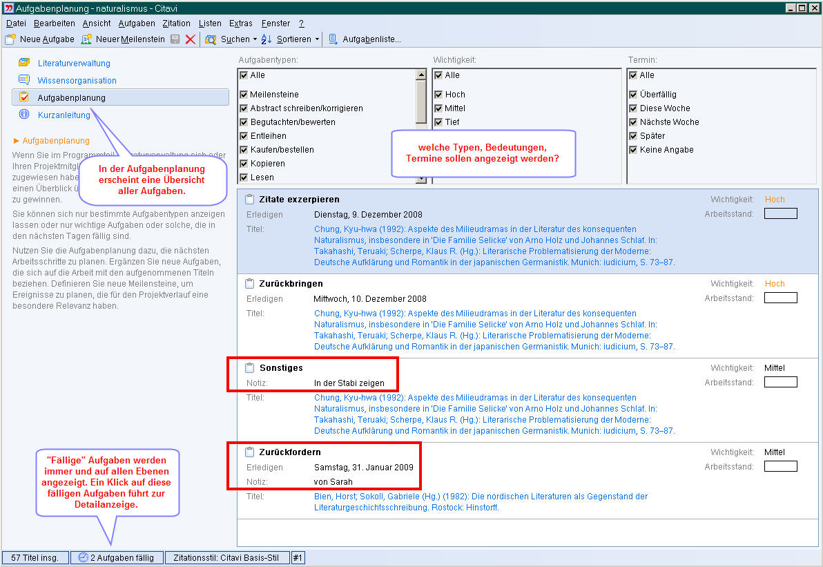 Anzeige der Aufgaben Anzeige der Aufgaben